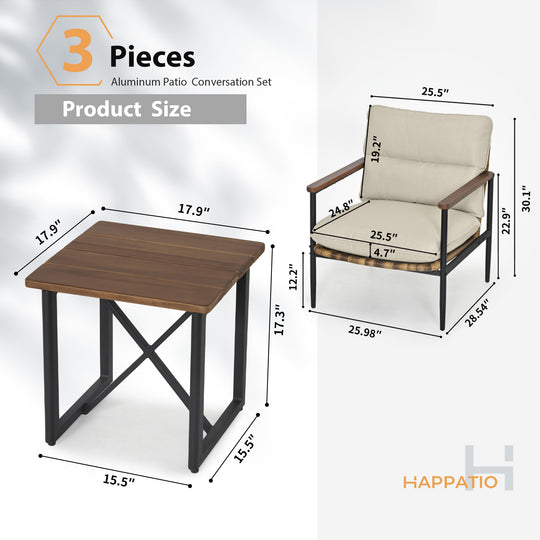 HAPPATIO Outdoor Furniture Set, Patio Aluminum Conversation Set with Wicker Seat and Acacia Wood Armrest, Removable Thick Olefin Cushion for Garden Lawn Backyard