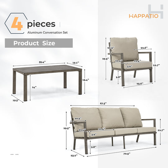 HAPPATIO Aluminum Patio Furniture Set, 4 Pieces Conversation Set with Thick Cushions and Coffee Table, All Weather Sofa Couch Waterproof and Rustproof for Garden, Backyard, Porch, Beige