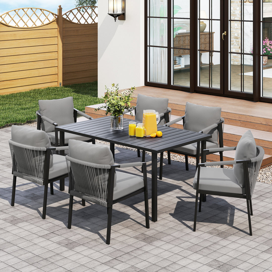 HAPPATIO Patio Dining Set, Woven Rope Rattan Outdoor Dining Table and Chairs Set, Metal Woven Wicker Rope Chairs with Cushions, All-Weather PE Rattan Outdoor Dining Set for Lawn Garden
