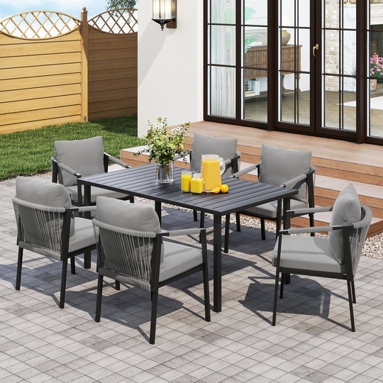 HAPPATIO Patio Dining Set, Woven Rope Rattan Outdoor Dining Table and Chairs Set, Metal Woven Wicker Rope Chairs with Cushions, All-Weather PE Rattan Outdoor Dining Set for Lawn Garden