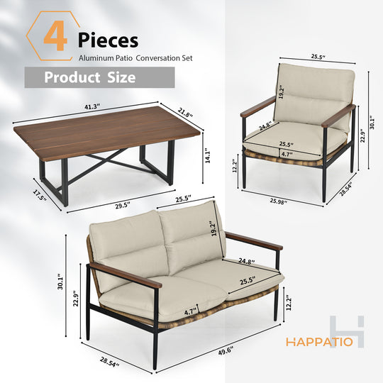 HAPPATIO Outdoor Furniture Set, Patio Aluminum Conversation Set with Wicker Seat and Acacia Wood Armrest, Removable Thick Olefin Cushion for Garden Lawn Backyard