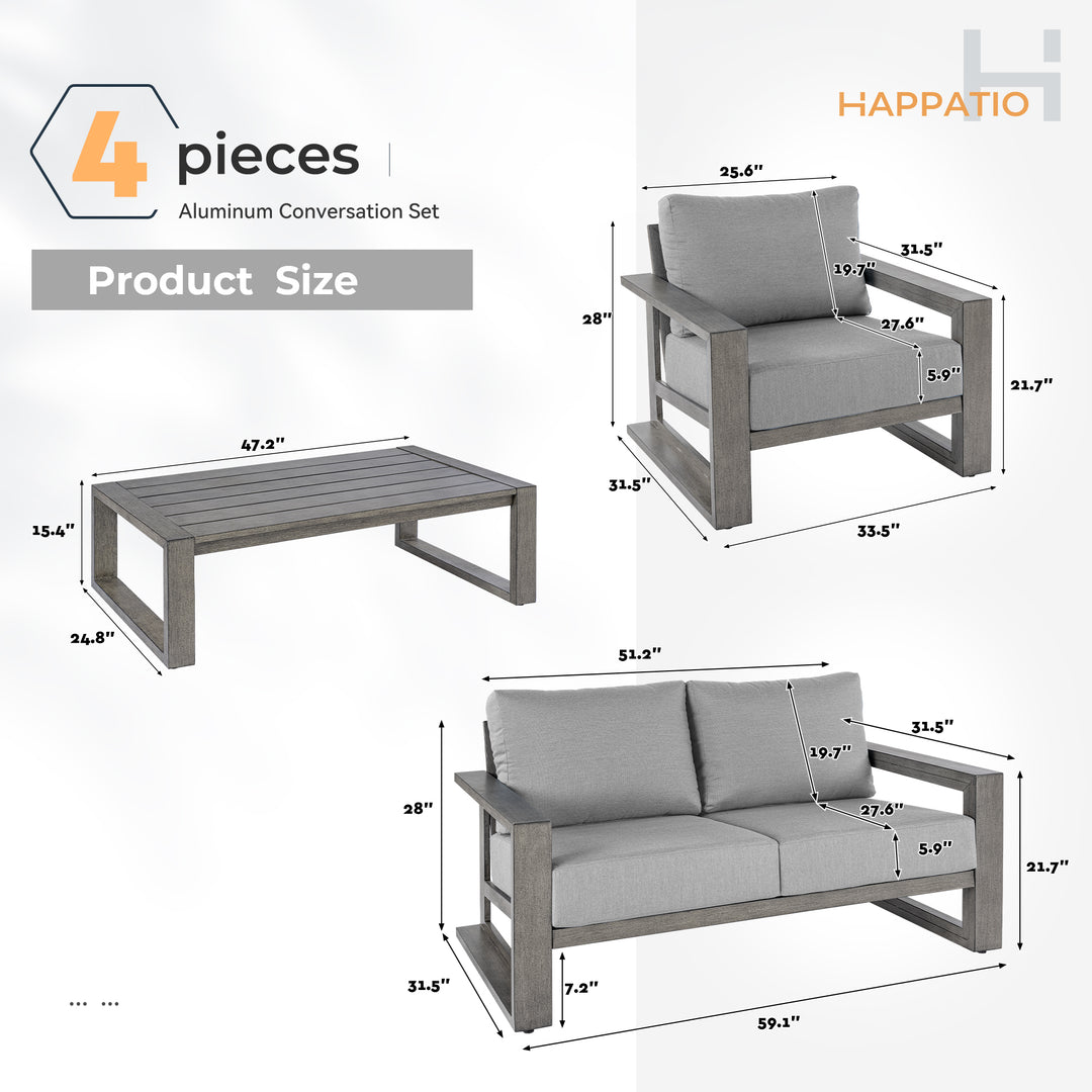 HAPPATIO Aluminum Patio Furniture Set, 4-Piece Oversized Outdoor Conversation Set with Deep Seating and Wide Armrest, Armchairs with 6" Cushion