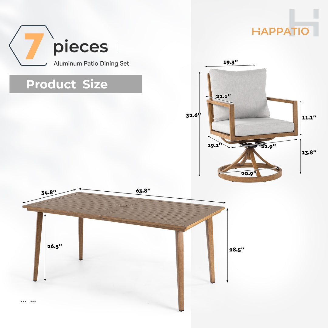 HAPPATIO Outdoor Dining Set,  Aluminum Patio Dining Set with Wood-Like Hand-Painted Finish, Dining Chairs with Waterproof Cushions, Easy Assembly for Backyard, Garden, Porch