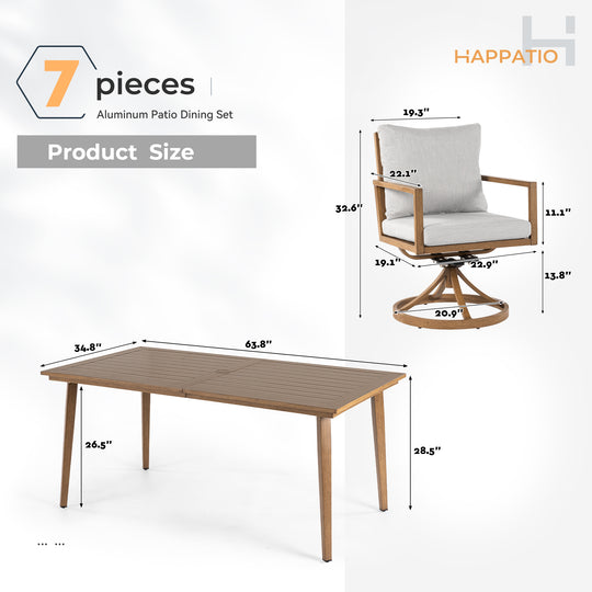 HAPPATIO Outdoor Dining Set,  Aluminum Patio Dining Set with Wood-Like Hand-Painted Finish, Dining Chairs with Waterproof Cushions, Easy Assembly for Backyard, Garden, Porch