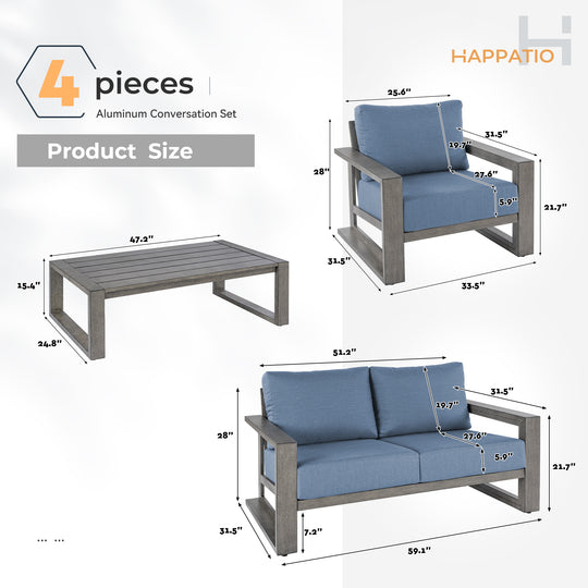 HAPPATIO Aluminum Patio Furniture Set, 4-Piece Oversized Outdoor Conversation Set with Deep Seating and Wide Armrest, Armchairs with 6" Cushion
