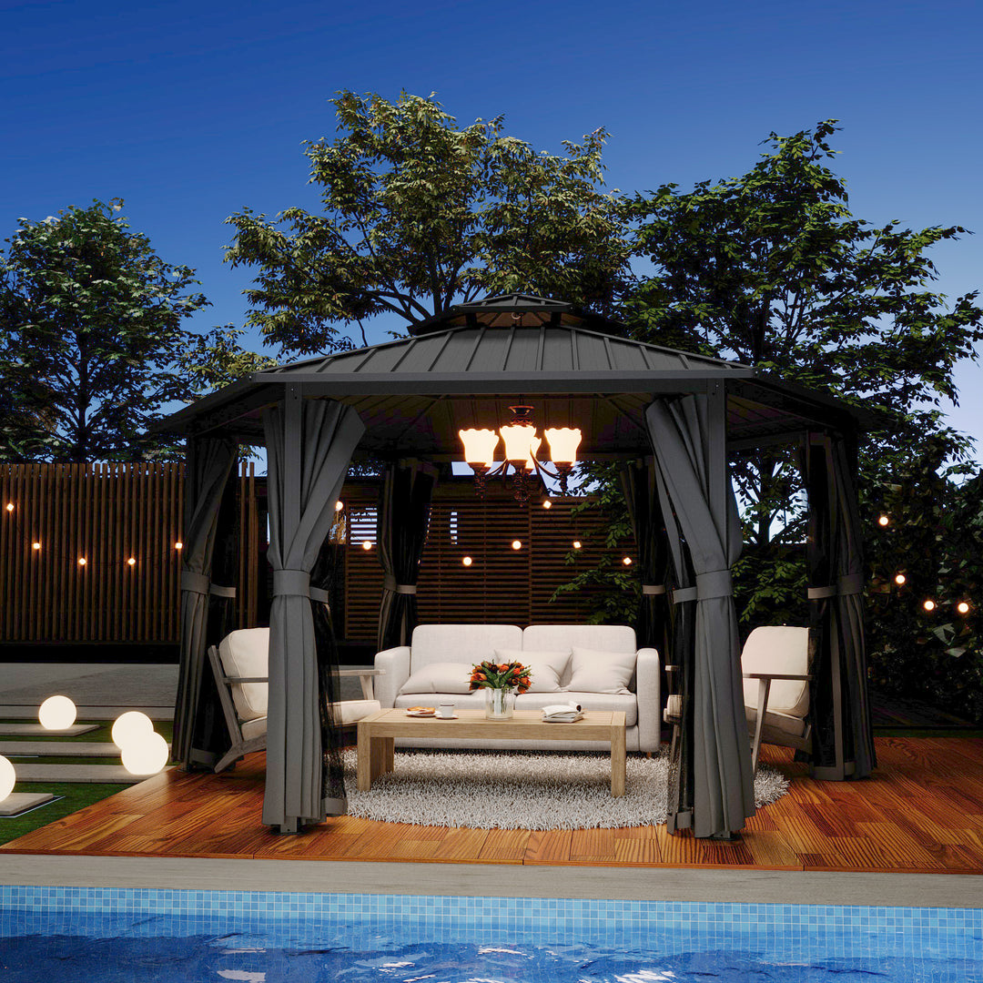 HAPPATIO 13' x 15' Hardtop Gazebo, Outdoor Hexagonal Gazebo with Galvanized Steel Roof, Aluminum Frame with Curtains and Netting, Metal Permanent Gazebos for Patios, Gardens