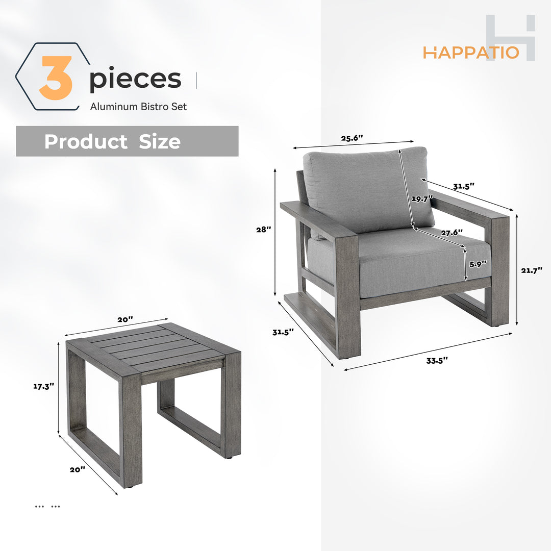 HAPPATIO Aluminum Patio Furniture Set, 3-Piece Oversized Outdoor Conversation Set with Deep Seating and Wide Armrest, Patio Conversation Sets with 6" Cushion