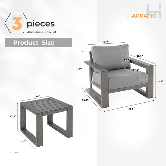 HAPPATIO Aluminum Patio Furniture Set, 3-Piece Oversized Outdoor Conversation Set with Deep Seating and Wide Armrest, Patio Conversation Sets with 6" Cushion