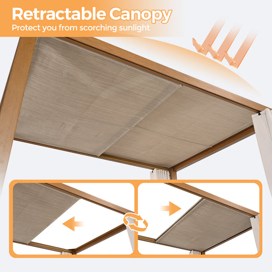 HAPPATIO Outdoor Patio Daybed with Retractable Canopy Bed,Patio Chaise Lounge with Adjustable Backrest, Wood-Like Aluminum Frame with Cushion & Curtain, Outdoor Chaise for Outside Pool, Garden
