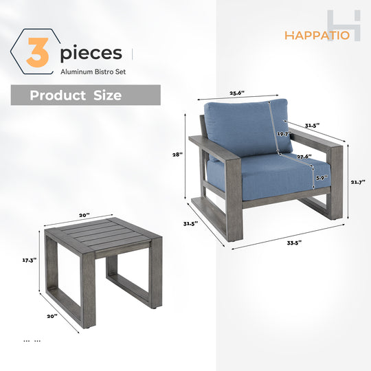 HAPPATIO Aluminum Patio Furniture Set, 3-Piece Oversized Outdoor Conversation Set with Deep Seating and Wide Armrest, Patio Conversation Sets with 6" Cushion