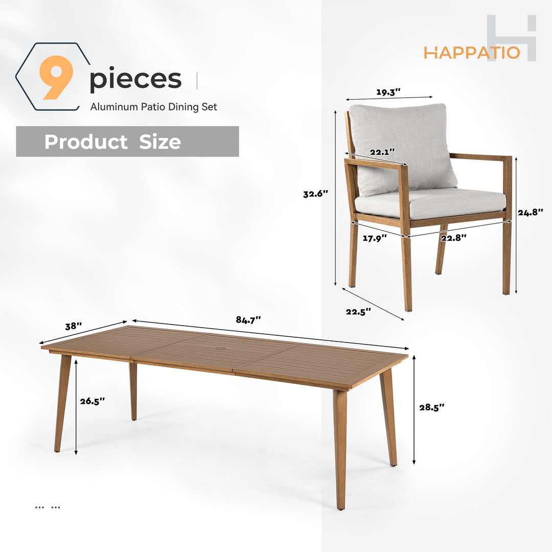 HAPPATIO Outdoor Dining Set,  Aluminum Patio Dining Set with Wood-Like Hand-Painted Finish, Dining Chairs with Waterproof Cushions, Easy Assembly for Backyard, Garden, Porch