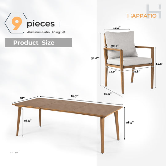 HAPPATIO Outdoor Dining Set,  Aluminum Patio Dining Set with Wood-Like Hand-Painted Finish, Dining Chairs with Waterproof Cushions, Easy Assembly for Backyard, Garden, Porch