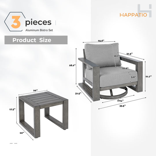 HAPPATIO Aluminum Patio Furniture Set, 3-Piece Oversized Outdoor Conversation Set with Deep Seating and Wide Armrest, Patio Conversation Sets with 6" Cushion