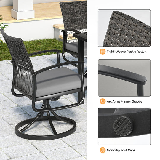 HAPPATIO Rattan Patio Dining Set, Outdoor Dining Set with Wicker Swivel Chairs, Powder-Coated Rectangular Dining Table with Umbrella Hole, Removable Cushions for Outside Lawn, Garden, Yard