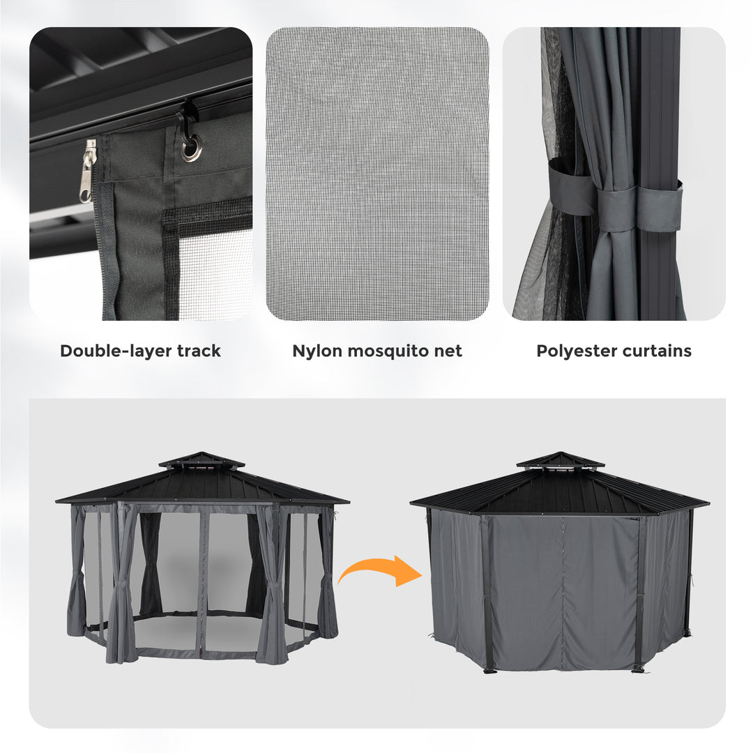 HAPPATIO 13' x 15' Hardtop Gazebo, Outdoor Hexagonal Gazebo with Galvanized Steel Roof, Aluminum Frame with Curtains and Netting, Metal Permanent Gazebos for Patios, Gardens