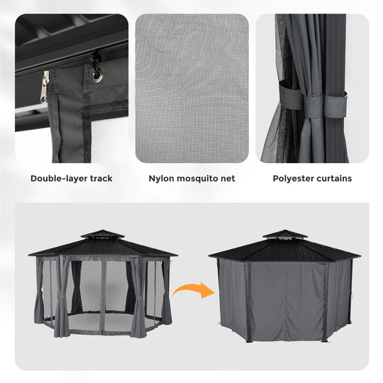HAPPATIO 13' x 15' Hardtop Gazebo, Outdoor Hexagonal Gazebo with Galvanized Steel Roof, Aluminum Frame with Curtains and Netting, Metal Permanent Gazebos for Patios, Gardens