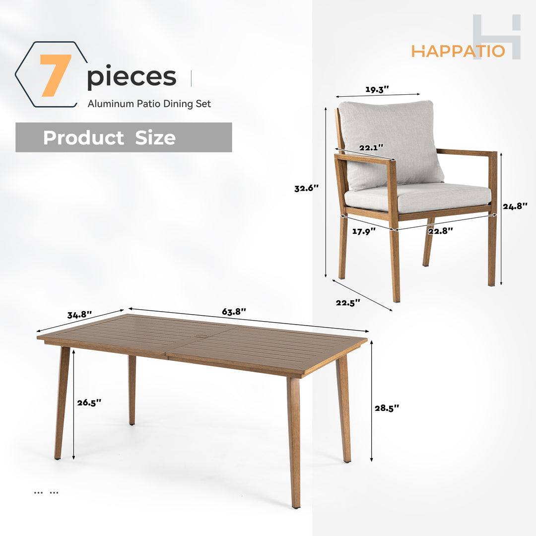 HAPPATIO Outdoor Dining Set,  Aluminum Patio Dining Set with Wood-Like Hand-Painted Finish, Dining Chairs with Waterproof Cushions, Easy Assembly for Backyard, Garden, Porch