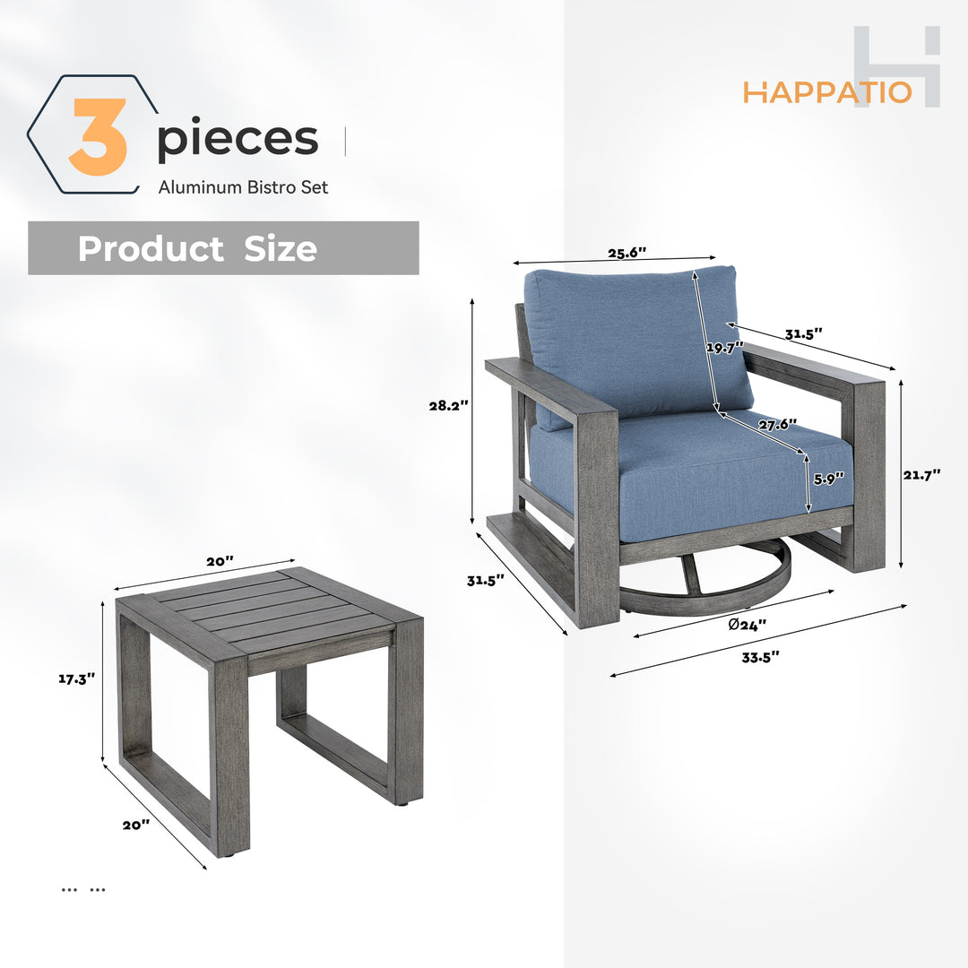 HAPPATIO Aluminum Patio Furniture Set, 3-Piece Oversized Outdoor Conversation Set with Deep Seating and Wide Armrest, Patio Conversation Sets with 6" Cushion