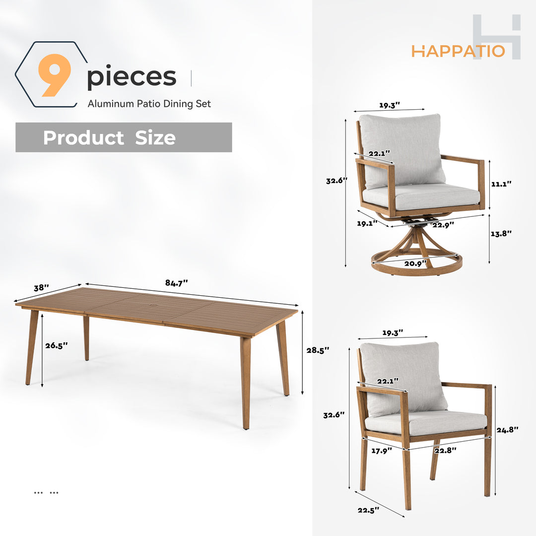 HAPPATIO Outdoor Dining Set,  Aluminum Patio Dining Set with Wood-Like Hand-Painted Finish, Dining Chairs with Waterproof Cushions, Easy Assembly for Backyard, Garden, Porch