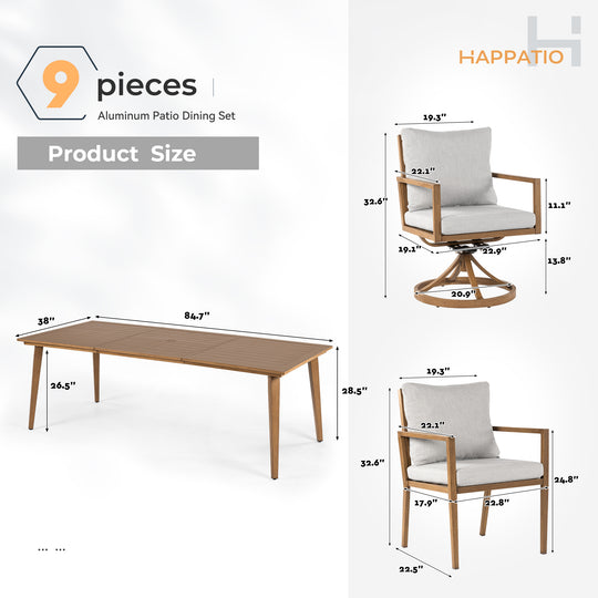 HAPPATIO Outdoor Dining Set,  Aluminum Patio Dining Set with Wood-Like Hand-Painted Finish, Dining Chairs with Waterproof Cushions, Easy Assembly for Backyard, Garden, Porch