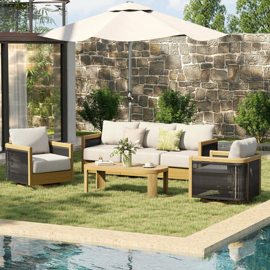 HAPPATIO Aluminum Patio Furniture Set, 4 Pieces Wood-like Oversized Conversation Set with Thick Cushion, Curved Tub Design with Woven Rope Accents for Garden, Backyard, Poolside