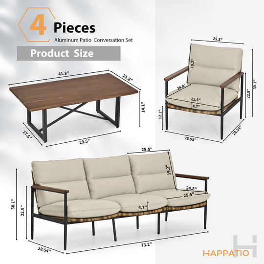 HAPPATIO Outdoor Furniture Set, Patio Aluminum Conversation Set with Wicker Seat and Acacia Wood Armrest, Removable Thick Olefin Cushion for Garden Lawn Backyard
