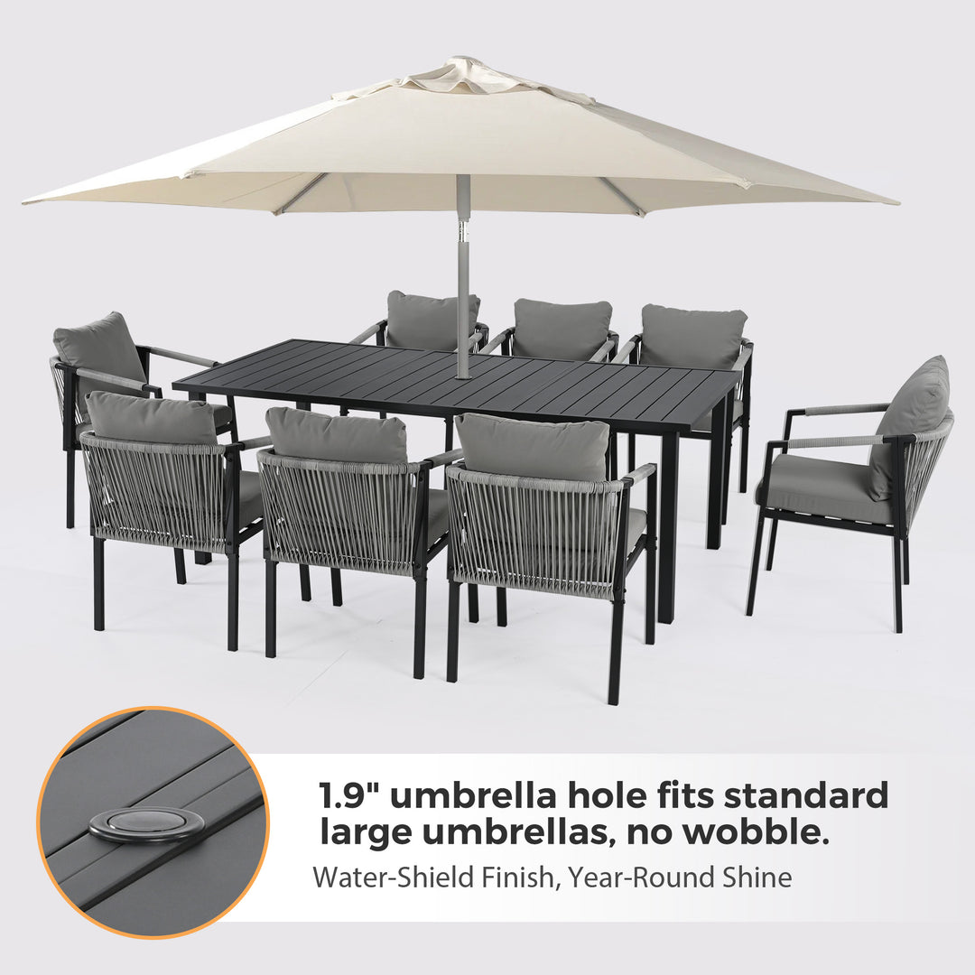 HAPPATIO Patio Dining Set, Woven Rope Rattan Outdoor Dining Table and Chairs Set, Metal Woven Wicker Rope Chairs with Cushions, All-Weather PE Rattan Outdoor Dining Set for Lawn Garden