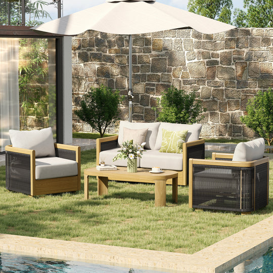 HAPPATIO Aluminum Patio Furniture Set, 4 Pieces Wood-like Oversized Conversation Set with Thick Cushion, Curved Tub Design with Woven Rope Accents for Garden, Backyard, Poolside