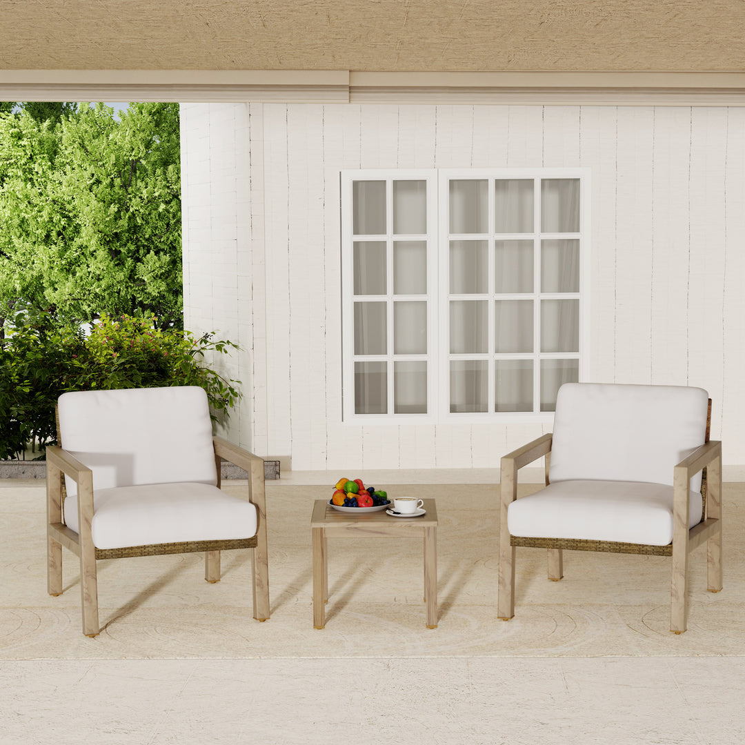 HAPPATIO 3-Piece Outdoor Patio Bistro Set - 2 Aluminum Chairs with Wicker Backrest and Woodgrain-Textured Side Table, Rustic Outdoor Conversation Set with Cushions for Garden, Balcony, Deck, Porch