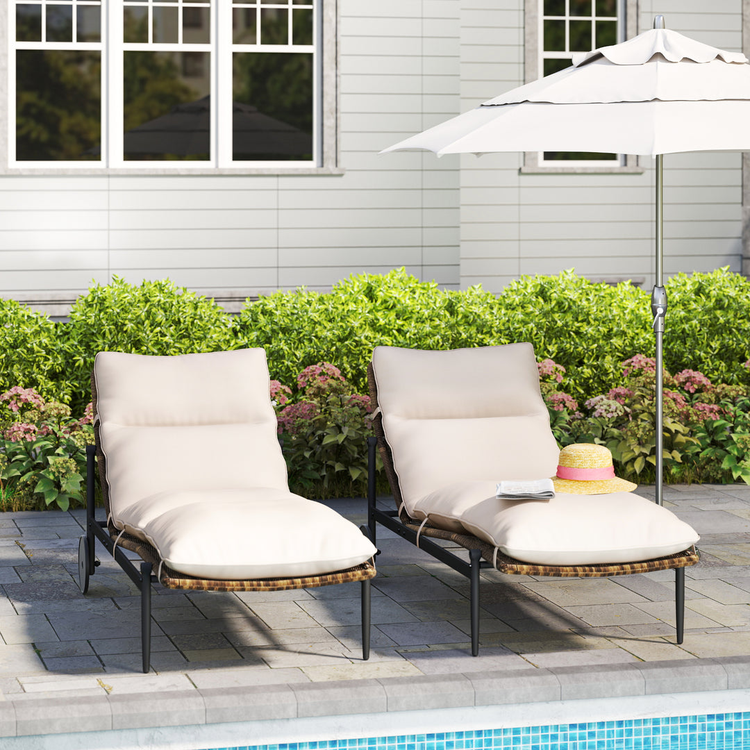 HAPPATIO 2Pcs Patio Chaise Lounge Chairs, Wicker Outdoor Lounge Chairs Set of 2 with Aluminum Frame, Thick Removable Cushion, All-Weather Outdoor Reclining Chair with Wheels for Pool Deck Porch Backyard