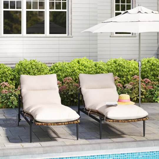 HAPPATIO 2Pcs Patio Chaise Lounge Chairs, Wicker Outdoor Lounge Chairs Set of 2 with Aluminum Frame, Thick Removable Cushion, All-Weather Outdoor Reclining Chair with Wheels for Pool Deck Porch Backyard