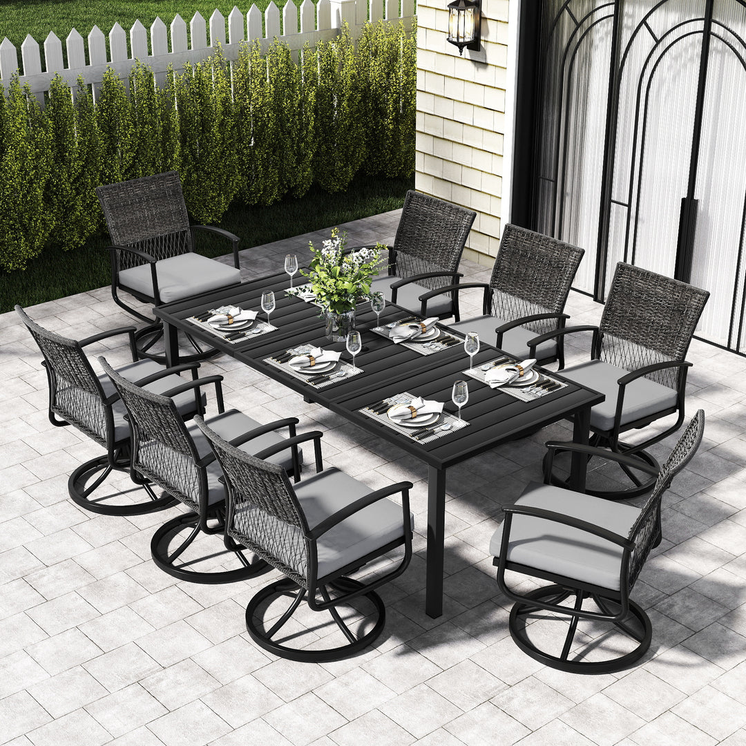 HAPPATIO Rattan Patio Dining Set, Outdoor Dining Set with Wicker Swivel Chairs, Powder-Coated Rectangular Dining Table with Umbrella Hole, Removable Cushions for Outside Lawn, Garden, Yard