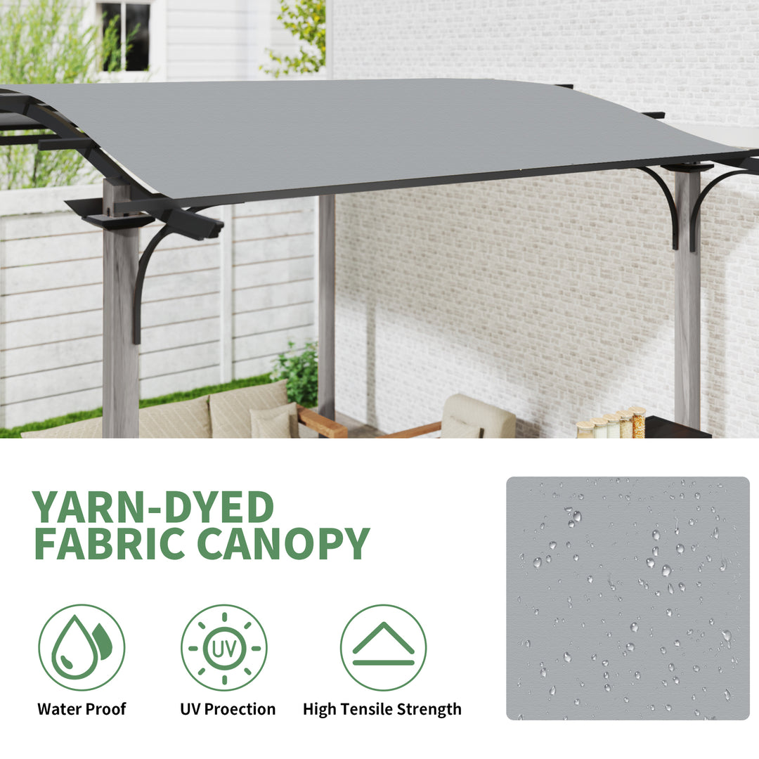 HAPPATIO 10' x 13' Arched Top Outdoor Pergola, Aluminum Frame with Storage Shelf, Wood-Like Frame Patio Pergola Shade for Patio, Backyard, Garden, Poolside, Beige