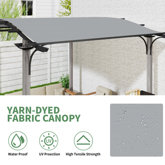 HAPPATIO 10' x 13' Arched Top Outdoor Pergola, Aluminum Frame with Storage Shelf, Wood-Like Frame Patio Pergola Shade for Patio, Backyard, Garden, Poolside, Beige