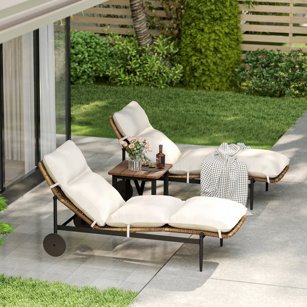 HAPPATIO Patio Chaise Lounge Set, Wicker Outdoor Lounge Chairs and Wood Side Table with Aluminum Frame,Thick Removable Cushion, All-Weather Outdoor Reclining Chair with Wheels,for Pool Deck Porch