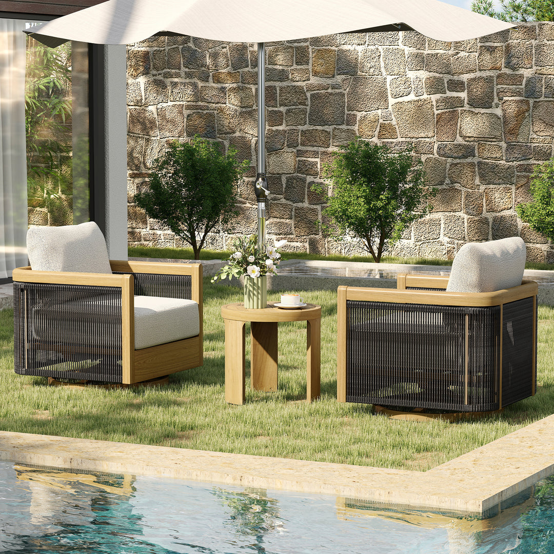 HAPPATIO Aluminum Patio Furniture Set, 3 Pieces Wood-like Oversized Outdoor Conversation Set with Thick Cushion, Curved Tub Design with Woven Rope Accents for Garden, Backyard, Poolside