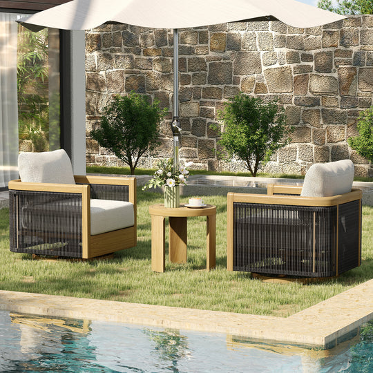 HAPPATIO Aluminum Patio Furniture Set, 3 Pieces Wood-like Oversized Outdoor Conversation Set with Thick Cushion, Curved Tub Design with Woven Rope Accents for Garden, Backyard, Poolside