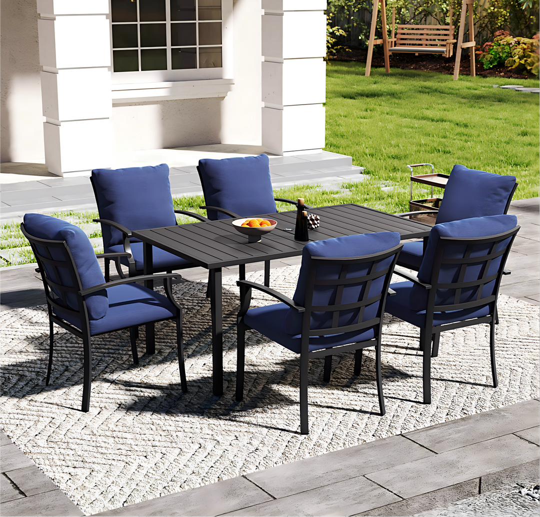 HAPPATIO Patio Dining Set, Outdoor Dining Set with Powder-Coated Metal, Table with Umbrella Hole, Stackable Chairs with Removable Cushions for Porch Poolside Garden