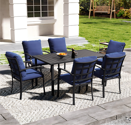 HAPPATIO Patio Dining Set, Outdoor Dining Set with Powder-Coated Metal, Table with Umbrella Hole, Stackable Chairs with Removable Cushions for Porch Poolside Garden