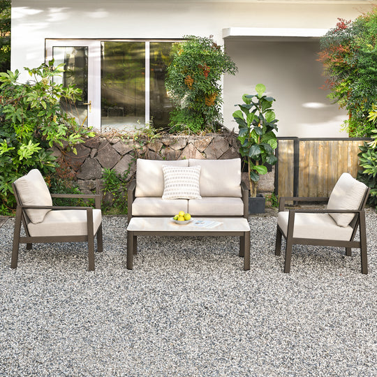 HAPPATIO Patio Conversation Set, 4-Piece Aluminum Oversized Patio Furniture Set with Rope Woven Backrest, Patio Chairs with Thick Cushion, Hand-brushed Frame for Yard, Porch, Balcony