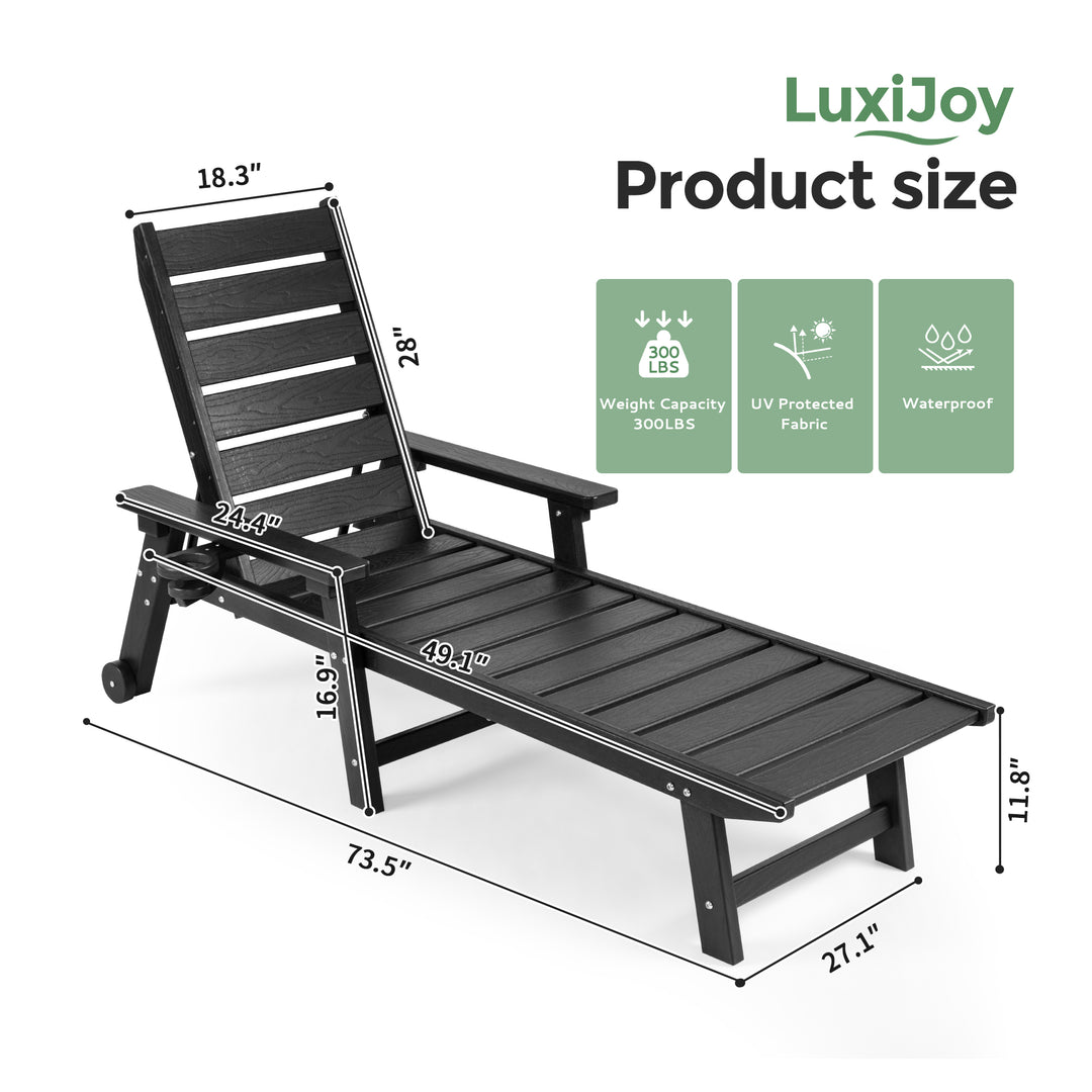 HAPPATIO Outdoor Lounge Chair, HDPE Chaise Lounge 5-Level Adjustable Backrest, Pool Lounge Chair with Wheels and Cup Holder, Waterproof Pool Plastic Recliner Chair for Patio Beach Poolside