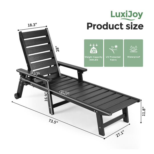 HAPPATIO Outdoor Lounge Chair, HDPE Chaise Lounge 5-Level Adjustable Backrest, Pool Lounge Chair with Wheels and Cup Holder, Waterproof Pool Plastic Recliner Chair for Patio Beach Poolside