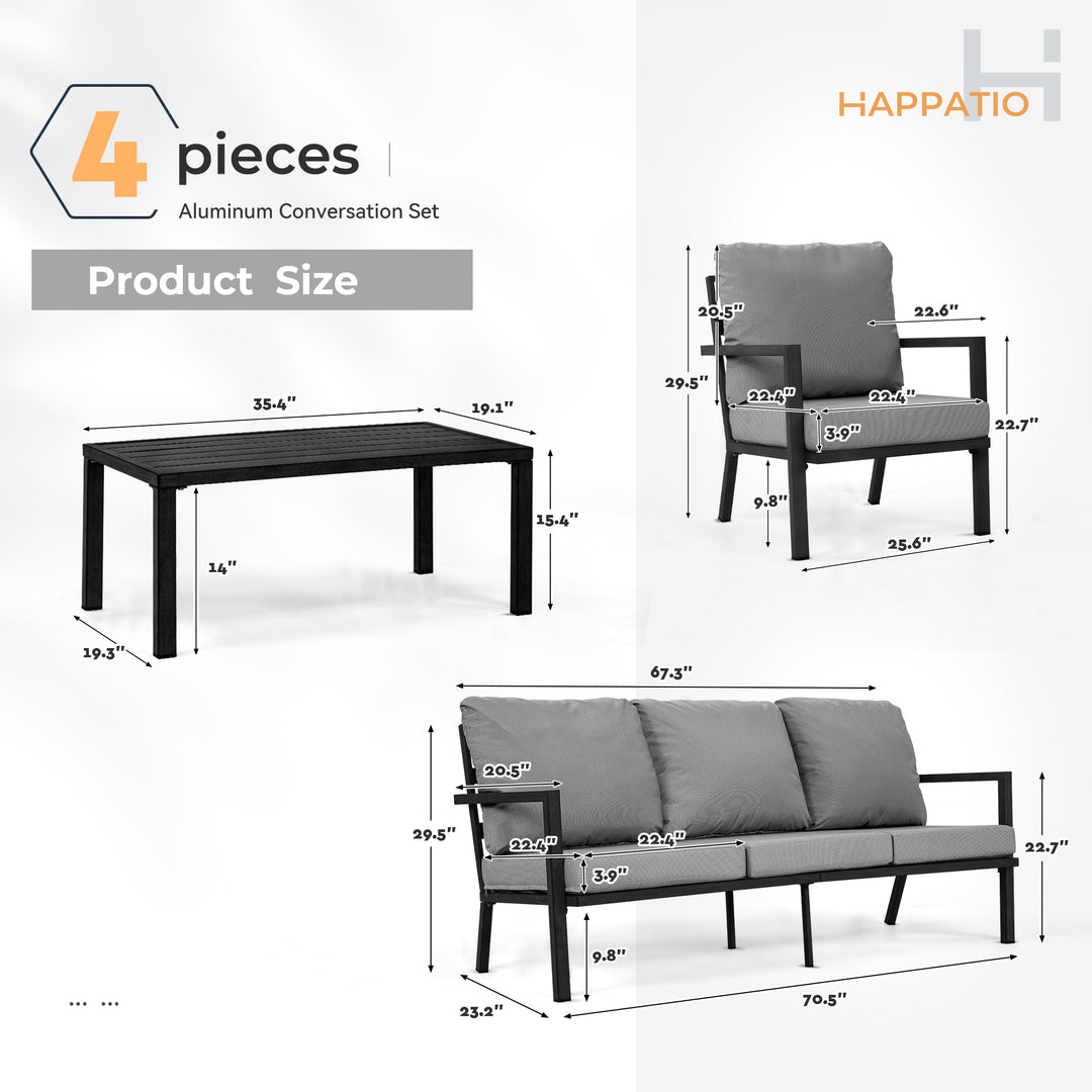 HAPPATIO Aluminum Patio Furniture Set, 4 Pieces Conversation Set with Thick Cushions and Coffee Table, All Weather Sofa Couch Waterproof and Rustproof for Garden, Backyard, Porch, Beige