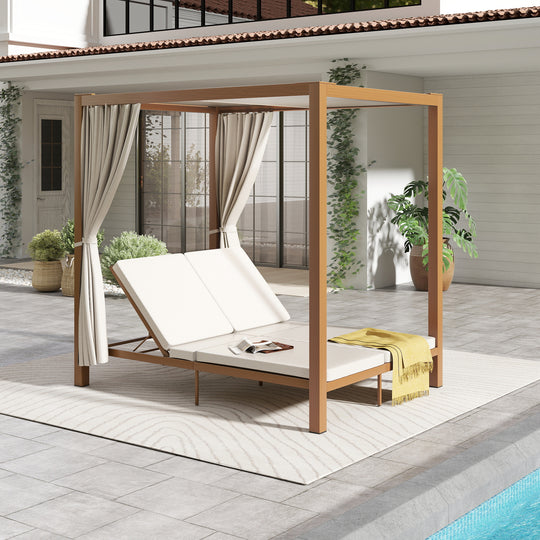 HAPPATIO Outdoor Patio Daybed with Retractable Canopy Bed,Patio Chaise Lounge with Adjustable Backrest, Wood-Like Aluminum Frame with Cushion & Curtain, Outdoor Chaise for Outside Pool, Garden