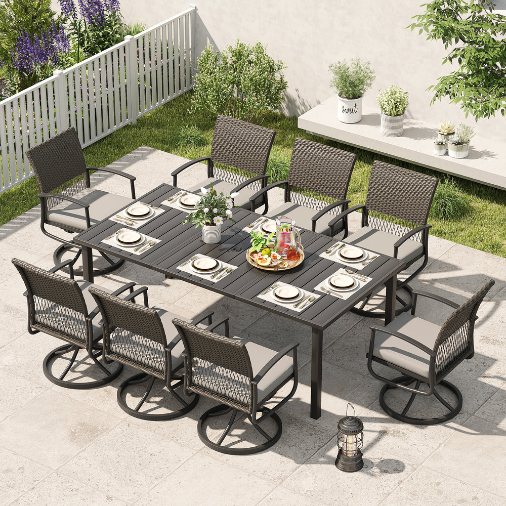 HAPPATIO Rattan Patio Dining Set, Outdoor Dining Set with Wicker Swivel Chairs, Powder-Coated Rectangular Dining Table with Umbrella Hole, Removable Cushions for Outside Lawn, Garden, Yard
