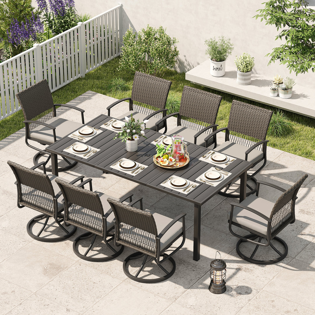 HAPPATIO Rattan Patio Dining Set, Outdoor Dining Set with Wicker Swivel Chairs, Powder-Coated Rectangular Dining Table with Umbrella Hole, Removable Cushions for Outside Lawn, Garden, Yard