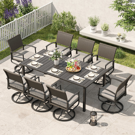 HAPPATIO Rattan Patio Dining Set, Outdoor Dining Set with Wicker Swivel Chairs, Powder-Coated Rectangular Dining Table with Umbrella Hole, Removable Cushions for Outside Lawn, Garden, Yard