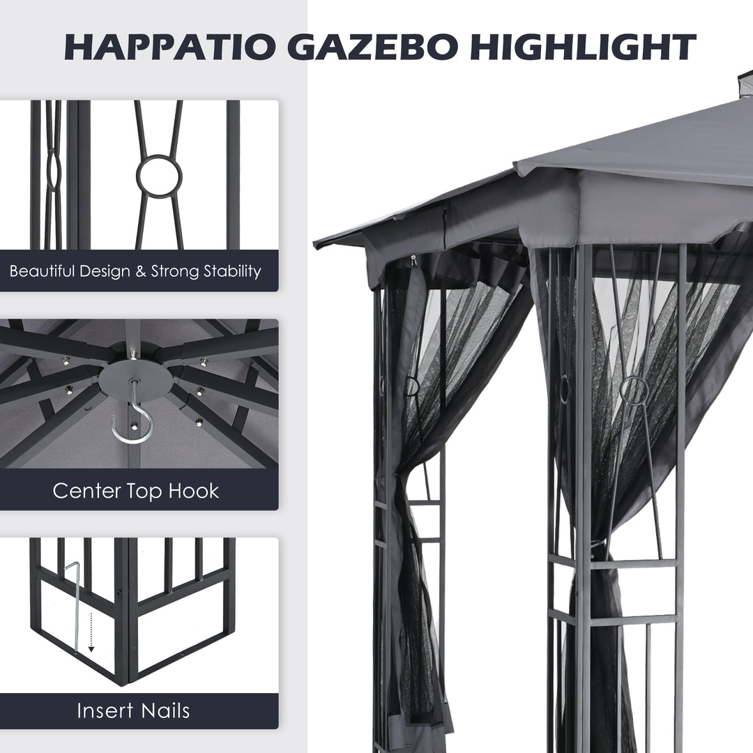 HAPPATIO 10' X 12' Patio Gazebo with Ventilation Double Roof，Outdoor Soft Top Gazebo with Mosquito Netting for Lawn, Garden