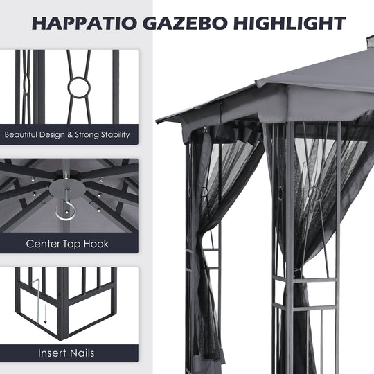 HAPPATIO 10' X 12' Patio Gazebo with Ventilation Double Roof，Outdoor Soft Top Gazebo with Mosquito Netting for Lawn, Garden