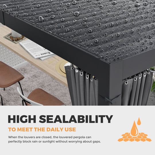 HAPPATIO Outdoor Louvered Pergola, Metal Pergola with Adjustable Rainproof Roof, Patio Pergola with Curtains and Mosquito Nets